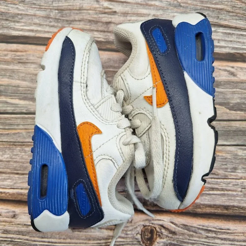 Little Kids Nike Air Max‎ 90 Leather TD White Midnight Navy Sneakers  Size 7